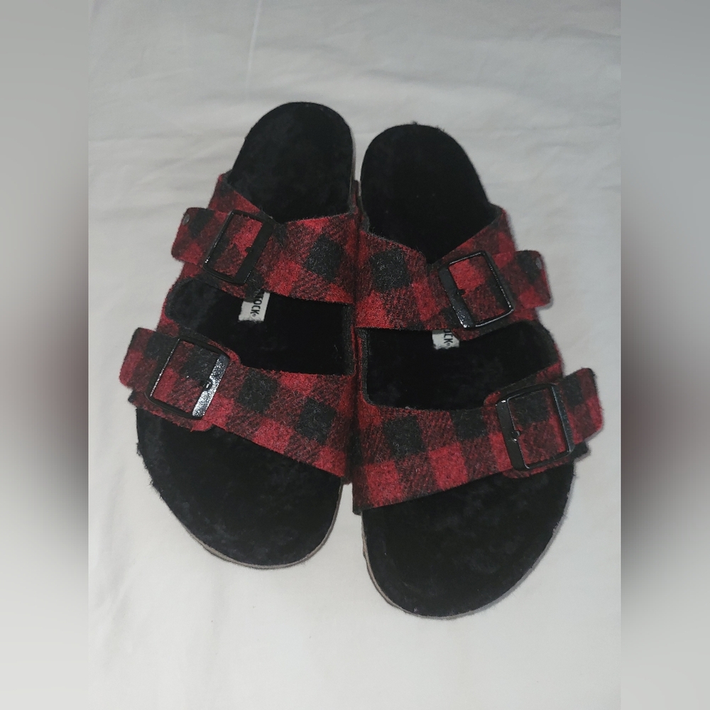 Birkenstock Red and Black Plaid Slippers